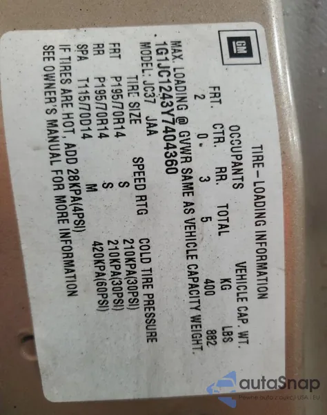 2000 Chevrolet Cavalier from USA, damaged, VIN 1G1JC1243Y7404360